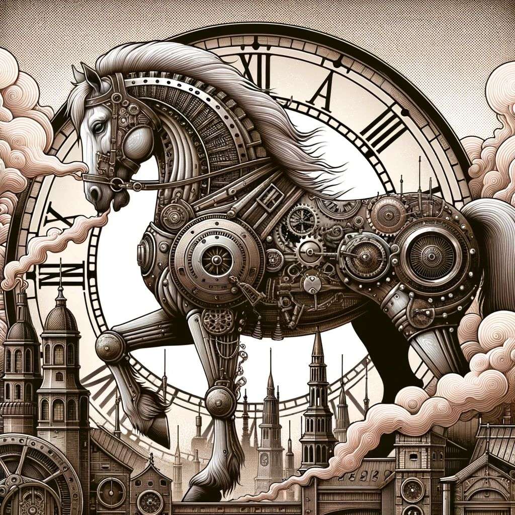a horse, digital art, steampunk